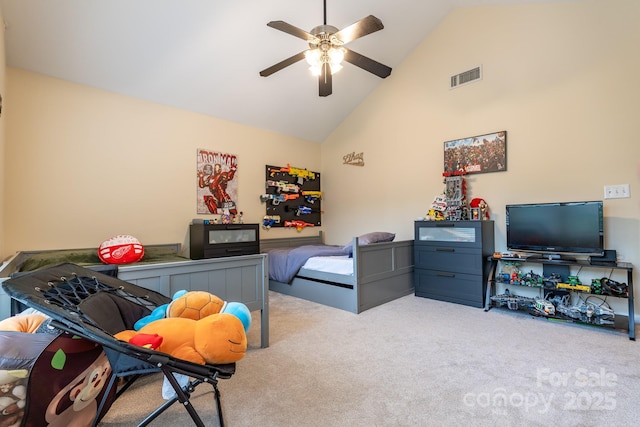 5656 Cambridge Bay Dr, Charlotte, NC 28269 - bedroom with high vaulted ceiling, carpet floors, and ceiling fan