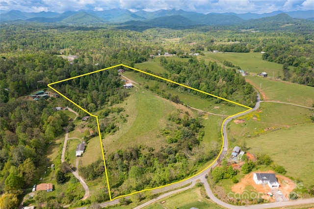 67 Old Turkey Creek Rd, Leicester, NC 28748 - view of rural area with a heavily wooded area, property boundaries highlighted, and a mountain backdrop