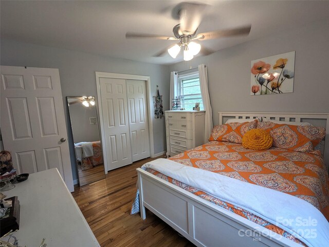 3116 Pilgrim Rd, Chester, SC 29706 - bedroom featuring dark wood-type flooring, a closet, and a ceiling fan