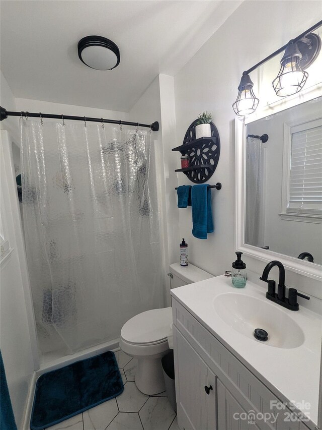 3116 Pilgrim Rd, Chester, SC 29706 - bathroom with vanity, toilet, curtained shower, and tile patterned flooring