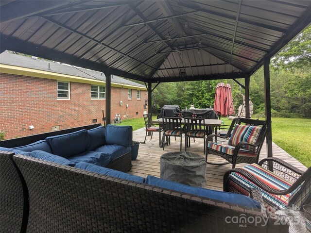 3116 Pilgrim Rd, Chester, SC 29706 - wooden terrace with an outdoor hangout area, a gazebo, outdoor dining space, a yard, and area for grilling