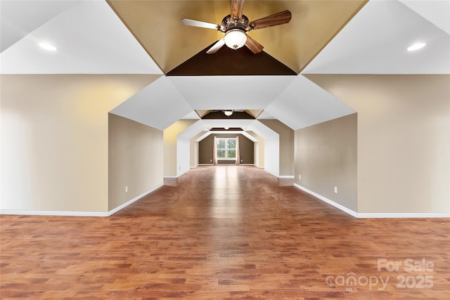 148 Fairway Dr, Forest City, NC 28043 - bonus room featuring wood finished floors, baseboards, lofted ceiling, a ceiling fan, and recessed lighting
