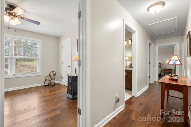 64 Timberidge Dr, Lake Wylie, SC 29710 - hallway featuring attic access, dark wood finished floors, and baseboards