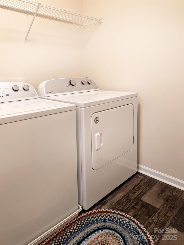 161 Old Harbor Dr, Mount Gilead, NC 27306 - laundry area featuring separate washer and dryer, dark wood-style floors, and baseboards