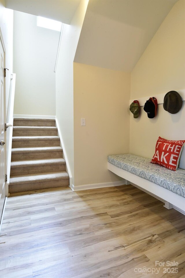 161 Old Harbor Dr, Mount Gilead, NC 27306 - mudroom featuring wood finished floors, baseboards, and vaulted ceiling