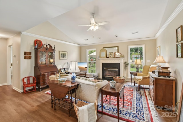 living area with wood finished floors, ceiling fan, healthy amount of natural light, a glass covered fireplace, and ornamental molding