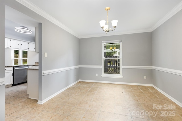 2112 Flint Glenn Ln, Charlotte, NC 28262 - unfurnished room featuring a chandelier, light tile patterned flooring, ornamental molding, and baseboards