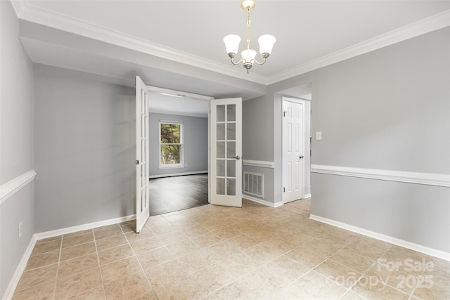2112 Flint Glenn Ln, Charlotte, NC 28262 - spare room with french doors, crown molding, baseboards, a chandelier, and light tile patterned flooring