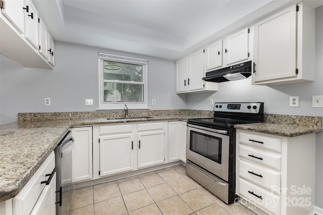 2112 Flint Glenn Ln, Charlotte, NC 28262 - kitchen featuring stainless steel appliances, under cabinet range hood, a sink, and white cabinetry