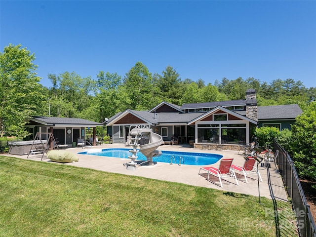 5 Bridgewater Dr, Fletcher, NC 28732 - view of pool with a water slide, a patio area, and a hot tub
