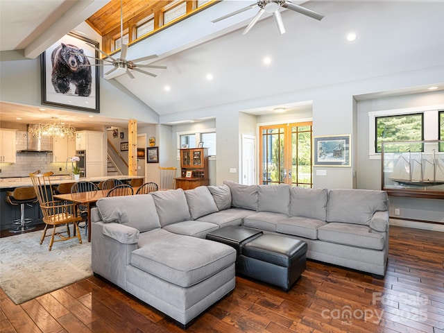 5 Bridgewater Dr, Fletcher, NC 28732 - living room with ceiling fan, dark wood-type flooring, stairs, plenty of natural light, and beamed ceiling