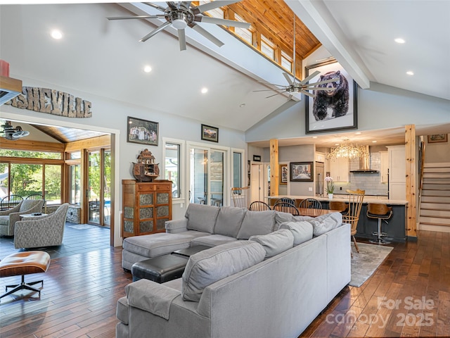 5 Bridgewater Dr, Fletcher, NC 28732 - living room featuring ceiling fan, beamed ceiling, a chandelier, high vaulted ceiling, and dark wood-style floors