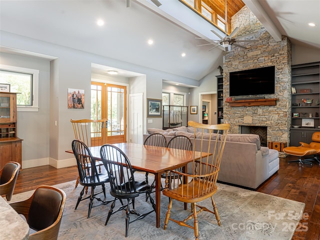 5 Bridgewater Dr, Fletcher, NC 28732 - dining room with hardwood / wood-style flooring, a ceiling fan, baseboards, a stone fireplace, and recessed lighting