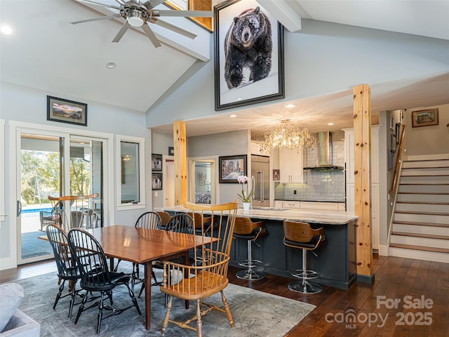 5 Bridgewater Dr, Fletcher, NC 28732 - dining room with high vaulted ceiling, dark wood finished floors, ceiling fan, beamed ceiling, and stairway