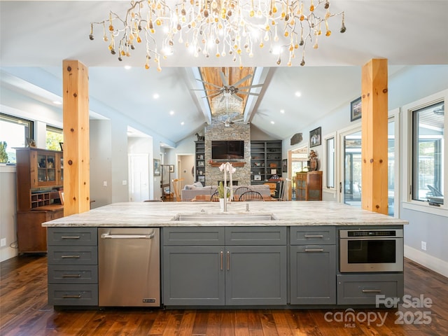5 Bridgewater Dr, Fletcher, NC 28732 - kitchen with gray cabinets, a sink, lofted ceiling, open floor plan, and dark wood finished floors