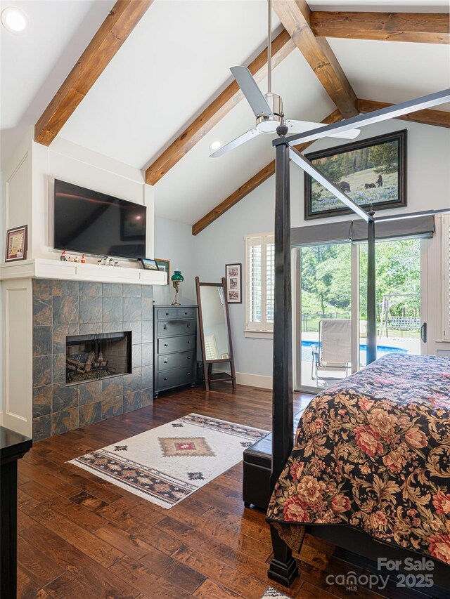 5 Bridgewater Dr, Fletcher, NC 28732 - bedroom featuring access to exterior, multiple windows, a fireplace, hardwood / wood-style floors, and recessed lighting