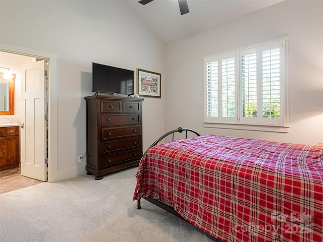 5 Bridgewater Dr, Fletcher, NC 28732 - bedroom featuring light carpet, lofted ceiling, ceiling fan, ensuite bath, and baseboards