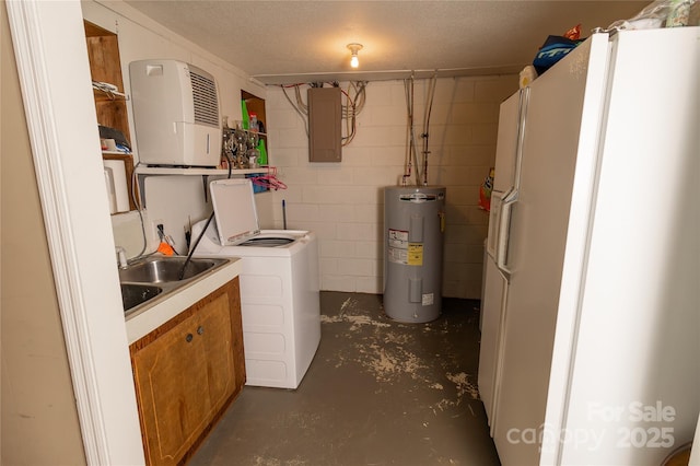 laundry area featuring electric water heater, cabinet space, electric panel, and concrete block wall