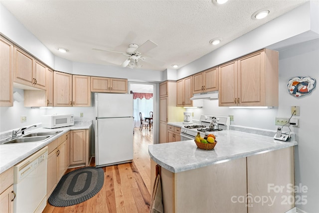 kitchen with white appliances, light brown cabinets, a sink, a textured ceiling, and recessed lighting