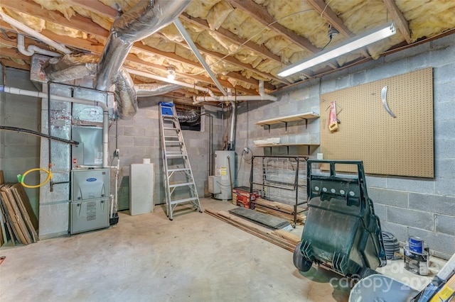 unfinished basement with gas water heater, concrete block wall, and heating unit