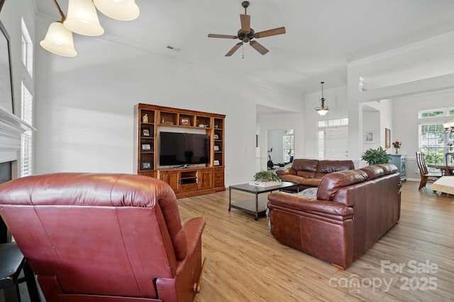 146 Burtons Barn Rd, Mooresville, NC 28115 - living area with light wood-style flooring, ceiling fan, and a fireplace