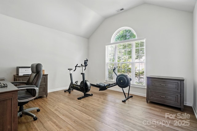 146 Burtons Barn Rd, Mooresville, NC 28115 - home office featuring lofted ceiling, light wood finished floors, and baseboards
