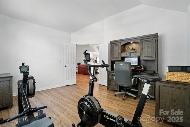 146 Burtons Barn Rd, Mooresville, NC 28115 - exercise area featuring light wood finished floors, high vaulted ceiling, and baseboards