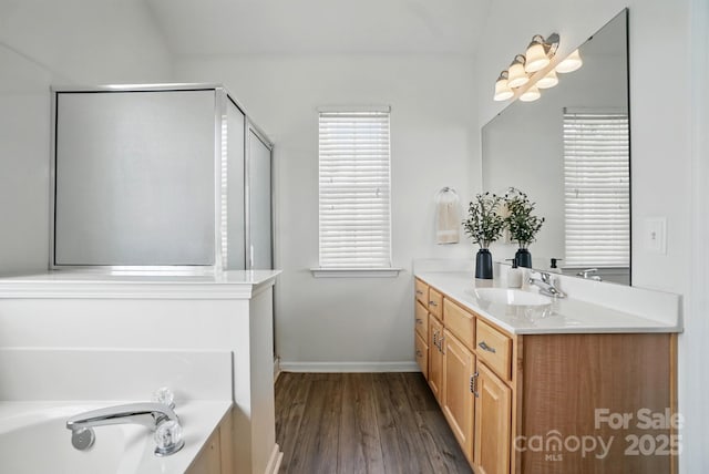 146 Burtons Barn Rd, Mooresville, NC 28115 - bathroom with wood finished floors, vanity, a garden tub, baseboards, and an enclosed shower