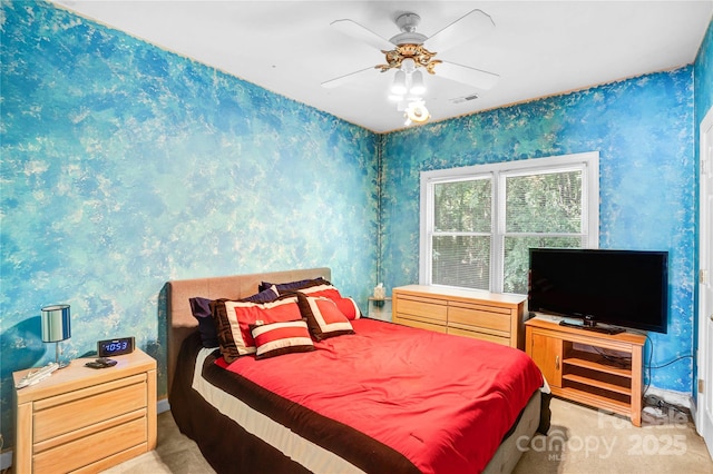 5238 Downing Creek Dr, Charlotte, NC 28269 - bedroom with wallpapered walls, light colored carpet, and ceiling fan
