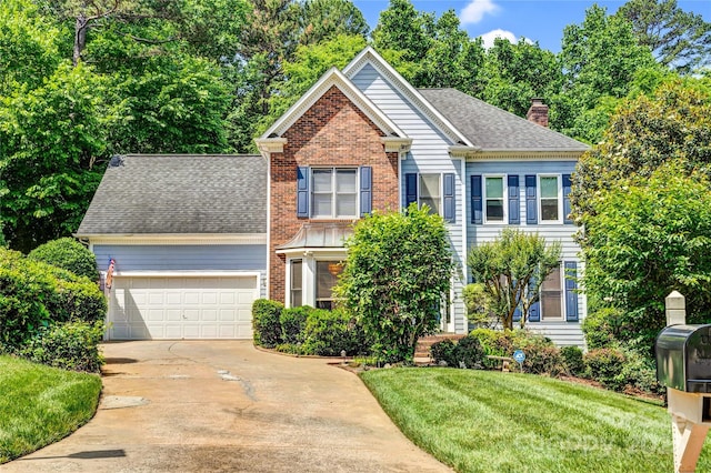 5238 Downing Creek Dr, Charlotte, NC 28269 - view of front of home featuring driveway, a chimney, an attached garage, and brick siding