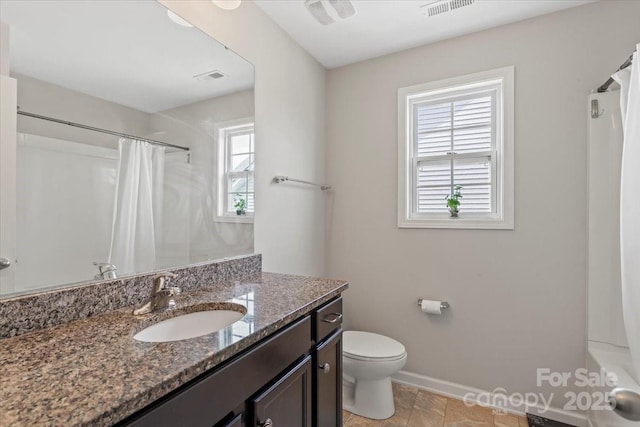 bathroom with baseboards, toilet, vanity, and a shower with shower curtain