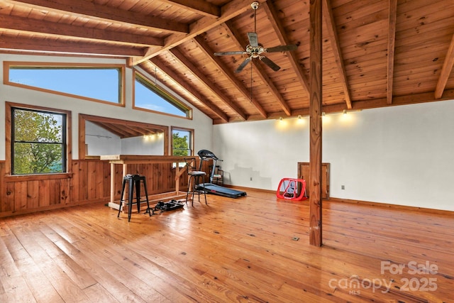 1925 Green Hill Rd, Blowing Rock, NC 28605 - sitting room with hardwood / wood-style floors, wood ceiling, a ceiling fan, wooden walls, and a wainscoted wall