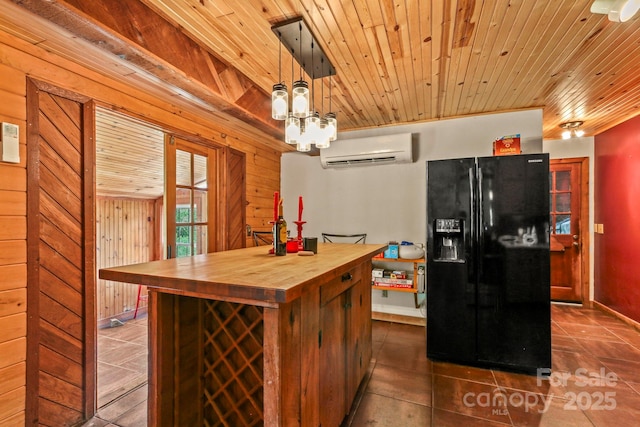1925 Green Hill Rd, Blowing Rock, NC 28605 - kitchen with wooden counters, black refrigerator with ice dispenser, a wall mounted air conditioner, wooden ceiling, and dark tile patterned floors