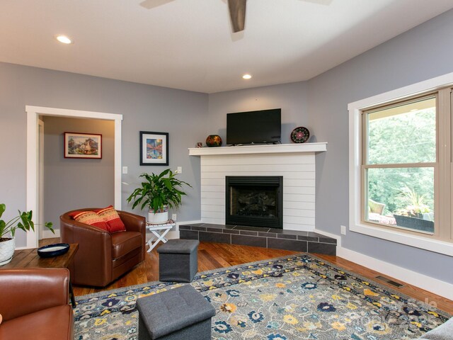 5 S Pine Dr, Weaverville, NC 28787 - living area with a fireplace, a ceiling fan, wood finished floors, recessed lighting, and baseboards