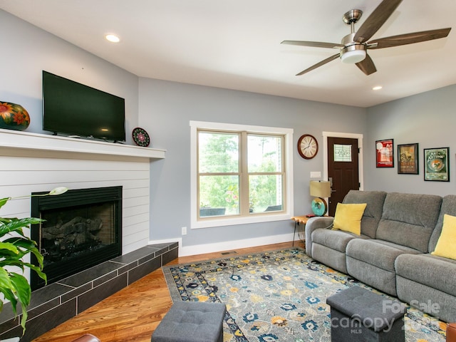 5 S Pine Dr, Weaverville, NC 28787 - living room featuring ceiling fan, wood finished floors, recessed lighting, baseboards, and a fireplace