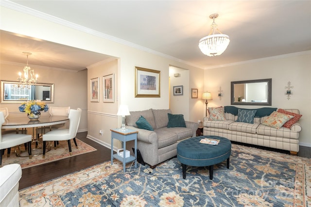 8306 Knights Bridge Rd, Charlotte, NC 28210 - living room with a chandelier, wood finished floors, ornamental molding, and baseboards