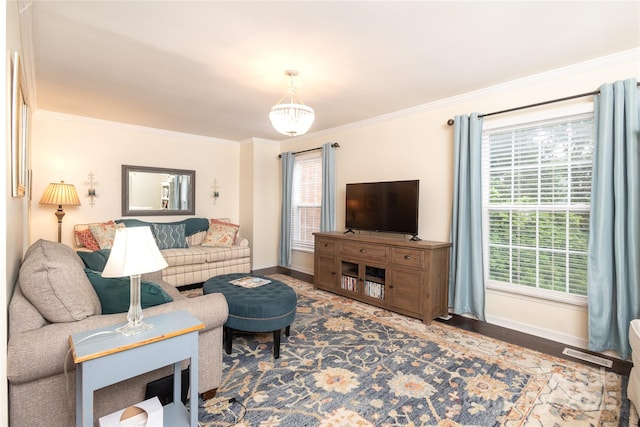 8306 Knights Bridge Rd, Charlotte, NC 28210 - living area with crown molding, baseboards, and wood finished floors