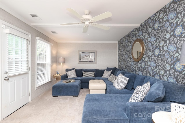 8306 Knights Bridge Rd, Charlotte, NC 28210 - carpeted living area with ceiling fan and crown molding