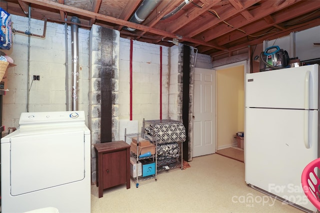 8306 Knights Bridge Rd, Charlotte, NC 28210 - unfinished basement with washer / dryer, freestanding refrigerator, and tile patterned floors