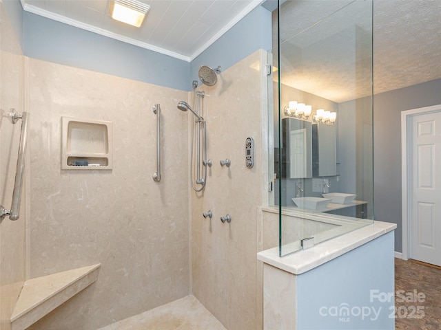 530 Stoney Mountain Rd, Hendersonville, NC 28791 - full bathroom with a walk in shower, ornamental molding, and vanity