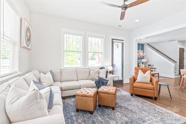 5210 Kelly St, Charlotte, NC 28205 - living room with healthy amount of natural light, wood finished floors, a ceiling fan, and recessed lighting