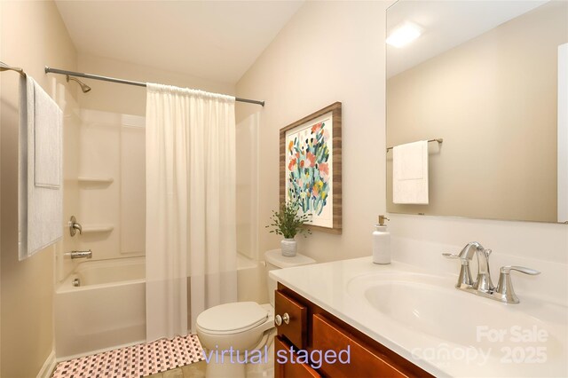 2327 Glenway Trail Ct, Pineville, NC 28134 - bathroom featuring shower / bathtub combination with curtain, vanity, and toilet