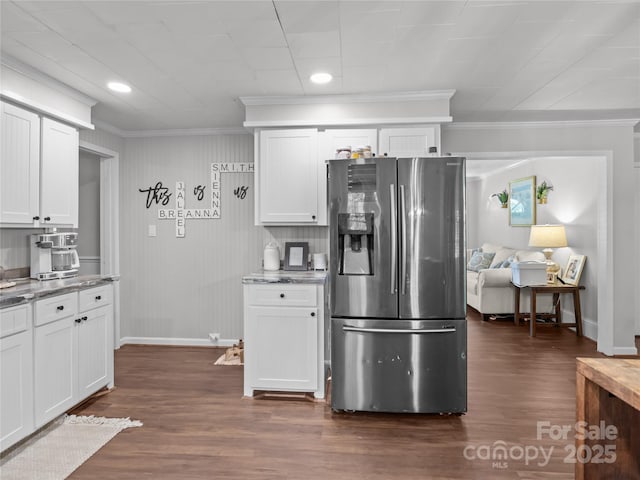 1544 US-221A Hwy, Mooresboro, NC 28114 - kitchen featuring stainless steel fridge with ice dispenser, crown molding, baseboards, white cabinetry, and dark wood-type flooring