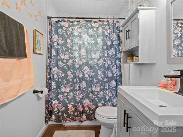 1544 US-221A Hwy, Mooresboro, NC 28114 - full bath with wood finished floors, toilet, vanity, and curtained shower