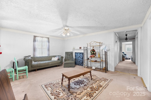 living area with carpet floors, ceiling fan, a textured ceiling, and ornamental molding