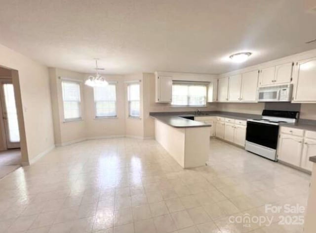 318 Linsbury Ct, Gastonia, NC 28056 - kitchen featuring range with electric cooktop, white microwave, a peninsula, and plenty of natural light
