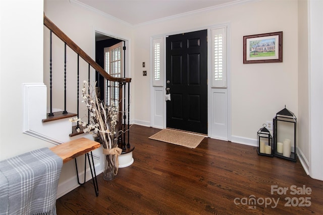 1208 Chausley Ct, Charlotte, NC 28211 - entrance foyer with stairs, dark wood-style floors, crown molding, and baseboards