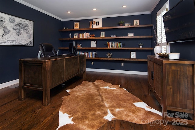 1208 Chausley Ct, Charlotte, NC 28211 - office with crown molding, dark wood finished floors, baseboards, and recessed lighting