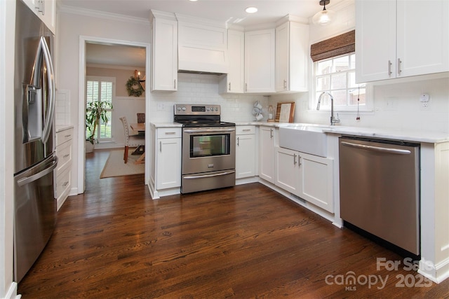 1208 Chausley Ct, Charlotte, NC 28211 - kitchen featuring appliances with stainless steel finishes, a sink, white cabinetry, dark wood-style floors, and crown molding