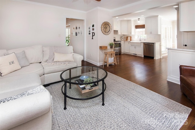 1208 Chausley Ct, Charlotte, NC 28211 - living area featuring dark wood-type flooring, ornamental molding, and baseboards